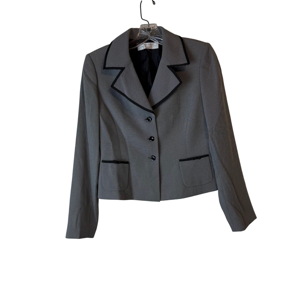 Tahari Arthur S Levine Cropped Petite Black Trim Blazer Jacket Womens Size 4P